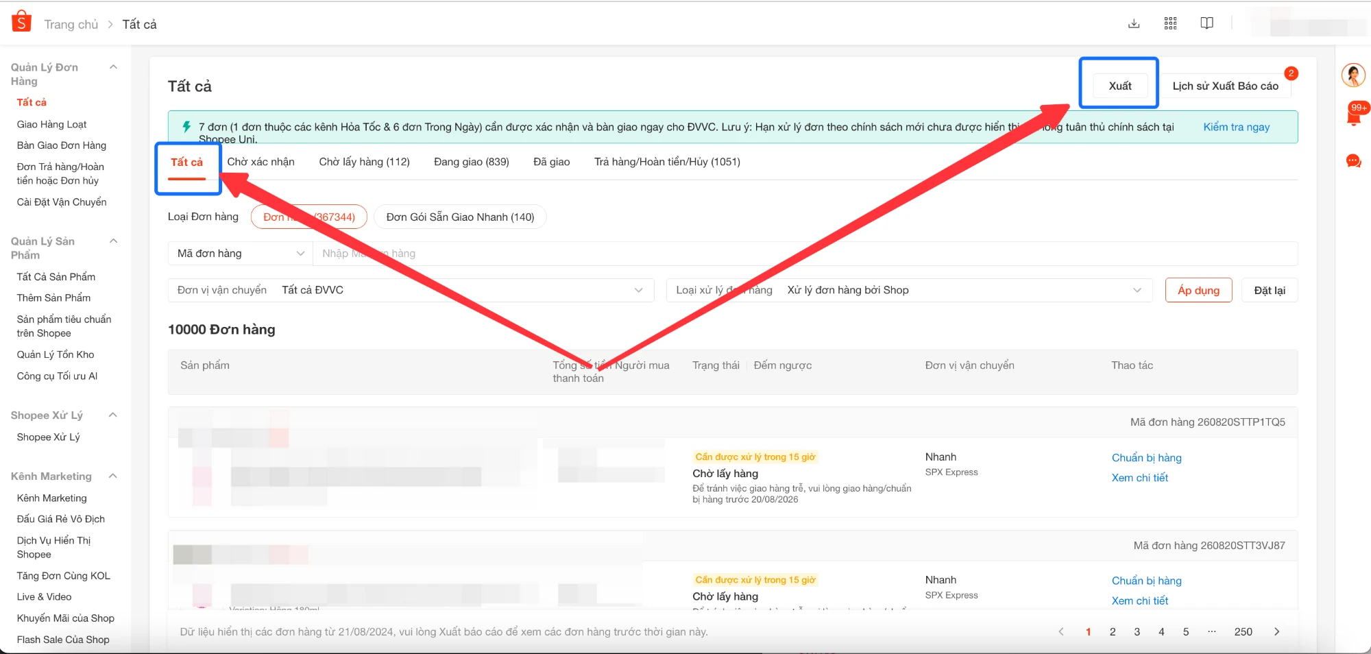 Hướng dẫn xuất file đơn hàng trên Kênh Người Bán Shopee